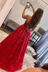 Red Prom Dress Long Evening Dress with Pockets